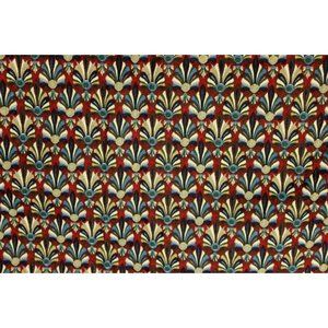 VTG Maroon Fabric Blue Tan Fan Pattern Upholstery 46" Hollywood Art Deco Style